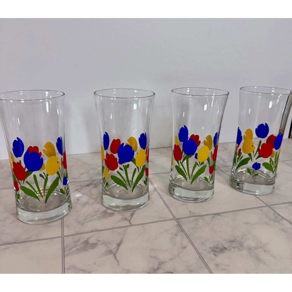 Vintage Federal Glass Tulip Tyme Tumblers Set of 4 Primary Colors Floral Glass